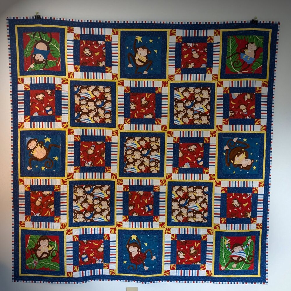 Handmade "Monkey Business" Cotton Kids Quilt 61" x 61"